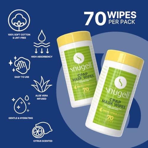 Snugell Fresh Citrus-Scented Travel CPAP Mask Wipes – (3 Canisters,70 Wipes Each) – 100% Soft Cotton – Skin-Safe with Aloe Vera – Lint & Alcohol Free – Perfect for Effective Cleaning of CPAP Equipment — view 2