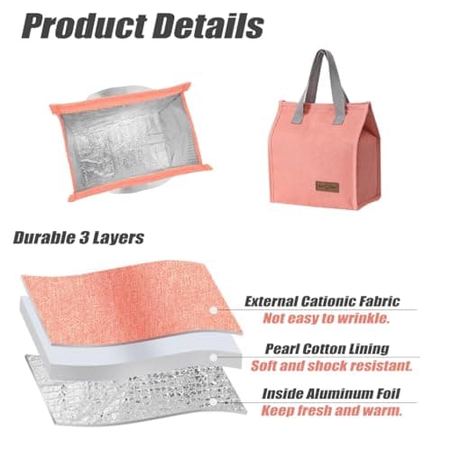 HZYUEKUN Lunch Bags for Women Men, Reusable Insulated Leak-Proof Portable Tote, Waterproof Container for Kids Girls Boys Adults, Thermal Cooler Box Adults Work School Travel Picnic(Pink) — view 3