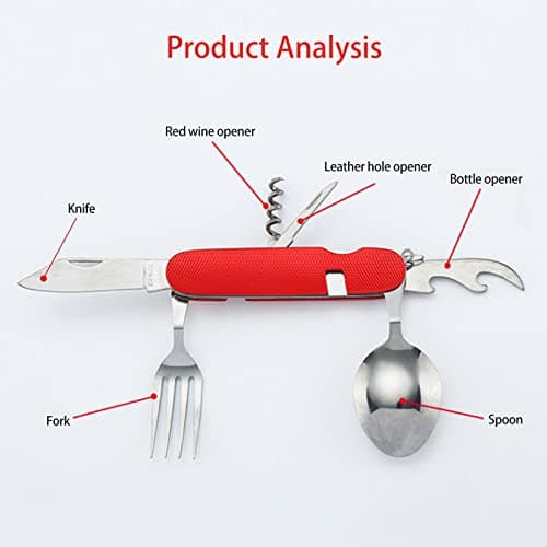 FUZVOL Folding Camping Cutlery Set Stainless Steel Portable Utensil 6 in 1 Multitool Outdoor Tableware for Travel, Hiking, Picnic,Red — view 4