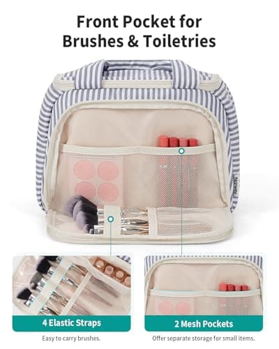 Narwey Large Toiletry Bag for Women, Travel Wash Bag Women for Full Size Toiletries, Wide Open Toiletries Bag Makeup Cosmetic Organizer Bag for Essentials Accessories (Greyish Blue Stripe) — view 3