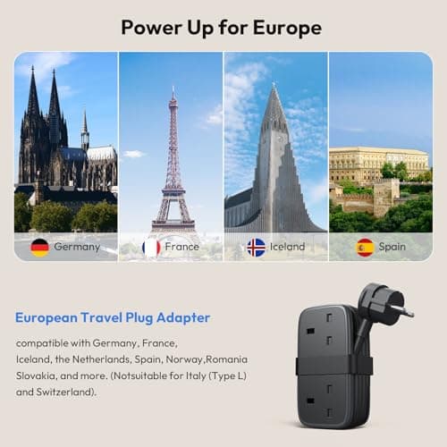 NTONPOWER UK to European Plug Adapter with 1.2M Extension Cable，2 Way Travel Extension Lead with 3 USB(2A+1C) Compact Travel Adapter for Germany France Spain Turkey Greece Iceland etc(Type E/F) — view 2