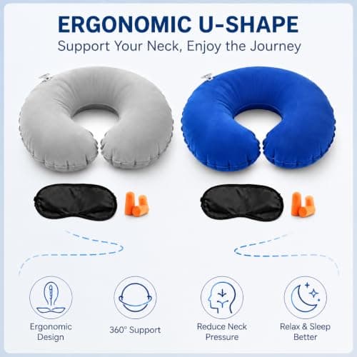 ABinCHAOBang 2 Sets Inflatable Travel Neck Pillows, Compact Neck Support Pillow for Adult and Kids, Foldable/Portable Travel Necks Pillow for Airplane Trains Car and Office (Blue, Gray) — view 6