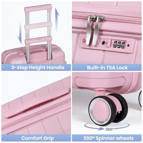 H.yeed 3 Piece Suitcase Set PP Hard Shell Luggage Set Lightweight Carry on Travel Hand Luggage with Spinner Wheels & TSA Lock 20" 24" 28" (Pink, 3 pcs Set) — view 5