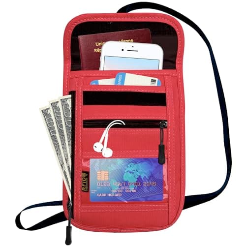 RFID Blocking Travel Neck Wallet Pouch and Passport Holder，Travel Neck Pouch Passport Holder for Women & Men, Red, 8 x 6 x 0.3 inches, Minimalist — view 2