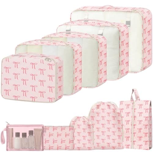 10PCS Packing Cubes for Suitcases, Travel Organiser Packing Bags for Clothes Shoes Toiletries Travel Luggage Organizers Storage Bags (Pink bow)