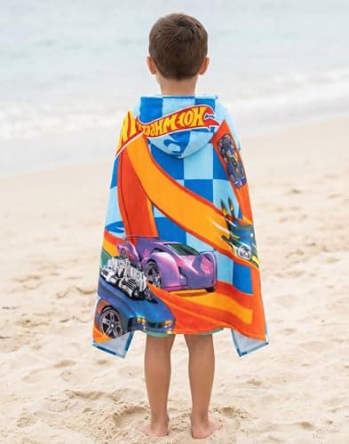 Hot Wheels Race Track Boys Blue Poncho Towel | Hooded Beachwear with Multi-Car Graphics & Checkered Pattern | Poolside Cover-Up | After-Bath Towel for Kids Merch — view 4