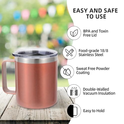 Volhoply 14oz Insulated Stainless Steel Coffee Mug with Leakproof Lid,Double Wall Vacuum Travel Coffee Cup with Handle,Reusable Metal Tumbler,Camping Mugs Keep Hot,Christmas Gifts(Rose Gold,1) — view 4