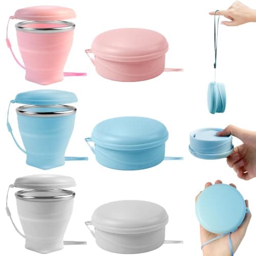 Pack of 3 Foldable Silicone Travel Cups with Lid, 260 ml Camping Cup, Foldable, BPA-Free, 304 Stainless Steel Rim, Portable and Reusable Cups for Travel, Camping, Hiking, Outdoor Sports
