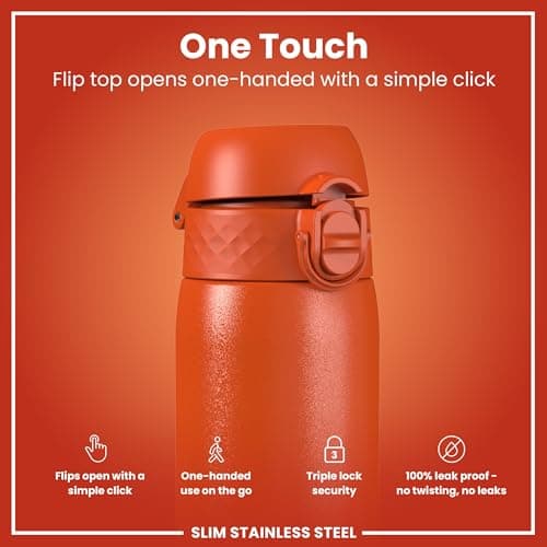 Ion8 Lightweight Steel Water Bottle, 600 ml/20 oz, Non-Insulated, Leak Proof, Easy to Open, Secure Lock, Dishwasher Safe, Flip Cover, Fits Cup Holders, Carry Handle, Metal Water Bottle, Hearty Orange — view 3