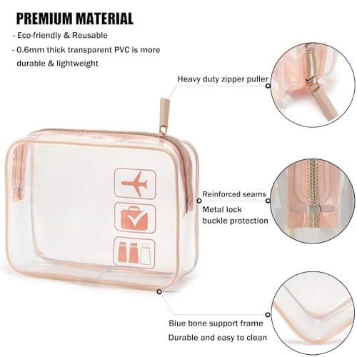 MODENGKONGJIAN TSA Approved Clear Travel Toiletry Bag, Rose Gold, 7.7 x 5.9 x 2.5 inch, Clear Toiletries Bags — view 2
