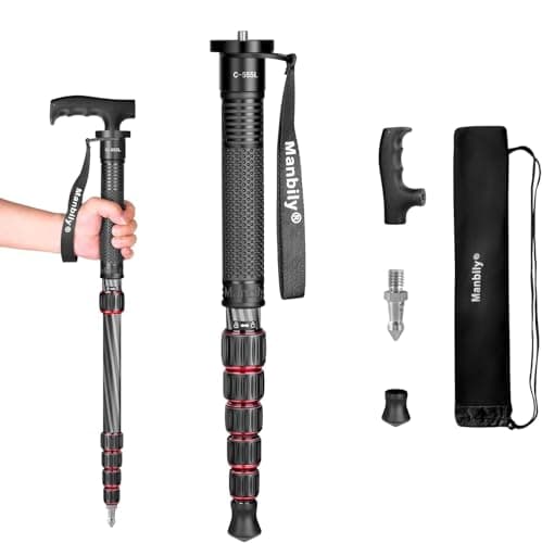 Camera Monopod Walking Stick Manbily Monopods for Cameras Stand Carbon Fiber Portable Compact Travel Monopod Unipod Stick with handle 6 Sections 61inches 15.4lbs for DSLR Video Camcorder Stand (Red)