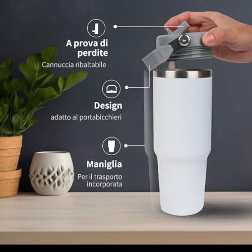 CherryKelly 20oz (550ml) Travel Mug with Handle, Travel Tumbler with Straw Lid, Stainless Steel Vacuum Insulated Coffee Cup, Double Wall Travel Flask Car Mug, Leak Proof Water Bottle - White — view 2