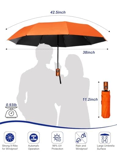 SoulRain Strong Windproof Travel Umbrella with Wooden Handle, Automatic Open Close Compact Folding for Rain & Sun UV Protection, Lightweight Durable Portable for Car, Backpack, Women & Men(Orange) — view 2