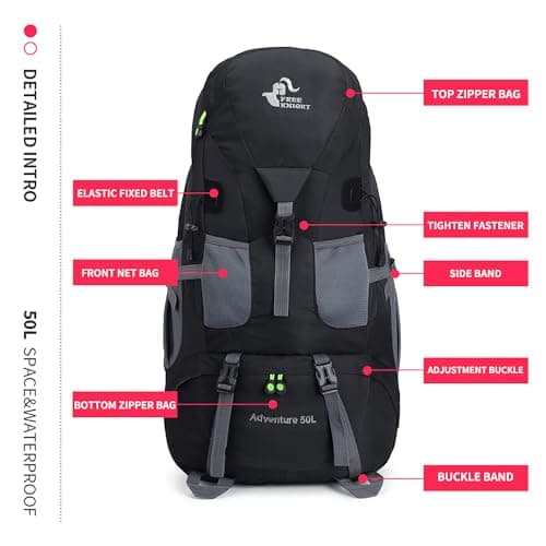 Bseash 50L Hiking Backpack, Water Resistant Lightweight Outdoor Sport Daypack Travel Bag for Camping Climbing Touring (Black - No Shoe Compartment) — view 6