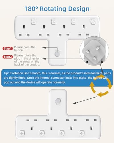 Mscien Multi Plug Adopter, Plug Extension with Independent Switches, 4 Way Plug Adapter UK Built-in Surge Protector, 4 in 1 Wall Socket Plug Extender with 180 Degree Rotation Button — view 3