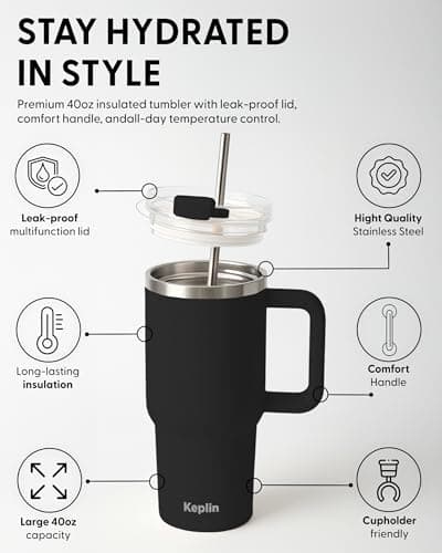 Keplin 40 oz / 1200 ml Insulated Travel Tumbler – Double Wall Stainless Steel Cup with Leak-Proof Lid, Thermal Flask Keeps Drinks Hot & Cold, Dishwasher Safe, Fits Car Cup Holders - Black — view 3