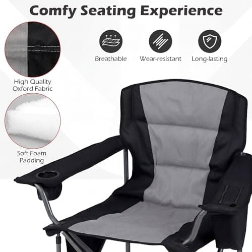 COSTWAY 180kg Oversized Camping Chair, Portable Folding Chair with Carrying Bag, Zippered Cooler Pouch, Cup Holder and Side Storage Pocket, Outdoor Padded Lawn Chair for Fishing & Picnics (Grey+Black) — view 4