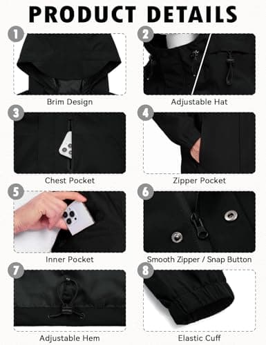 Xnova Mens Waterproof Jackets Lightweight with Hood, Packable Rain Jacket Windbreaker Zipper Rain Coat for Hiking Cycling Outdoor Work, Black, L — view 4