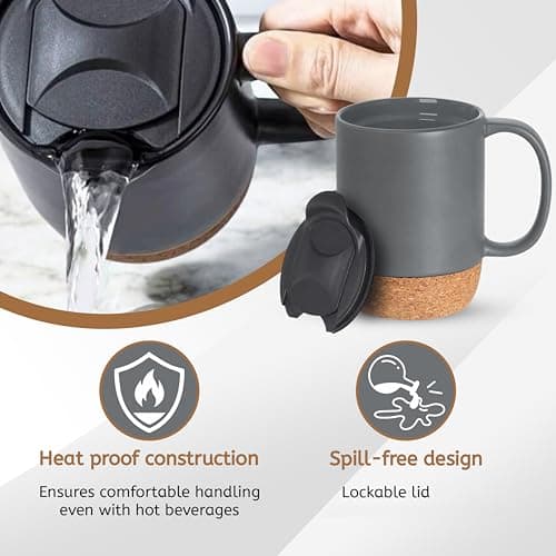 Ceramic Travel Mug with Handle, Lockable Lid, Heat Proof Base - Dark Grey — view 2