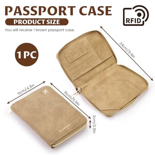LELE LIFE Passport Holder Cover with Safe Zipper Closure, RFID Blocking Passport Wallet for Travel, Cute Matte PU Leather Card Case for Men Women Travel Essentials (Brown) — view 2