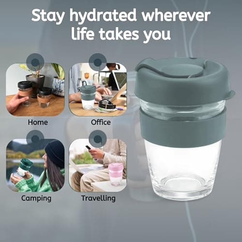Reusable Glass Coffee Cup/Travel Mug with Lid - Heat Resistant Sleeve Surround Eco Friendly with Plugged Removable Lid (Grey) — view 6