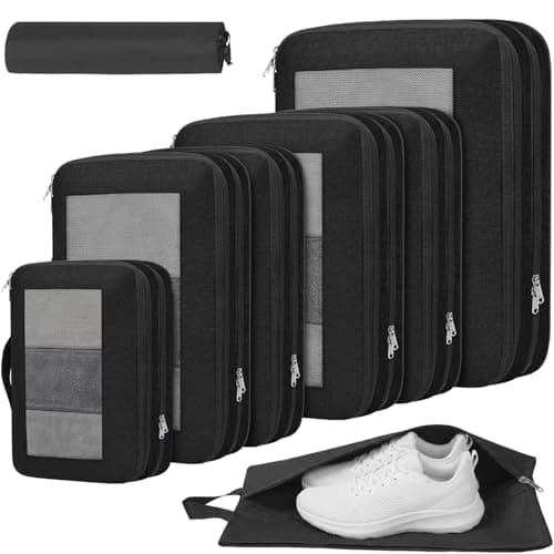 Prezon 8 Set Compression Packing Cubes for Suitcases, Full Open & Visible Design, Luggage Organizer Bags Set for Carry on, Travel Essentials Travel Gifts for Women with Laundry Bag and Shoe bag