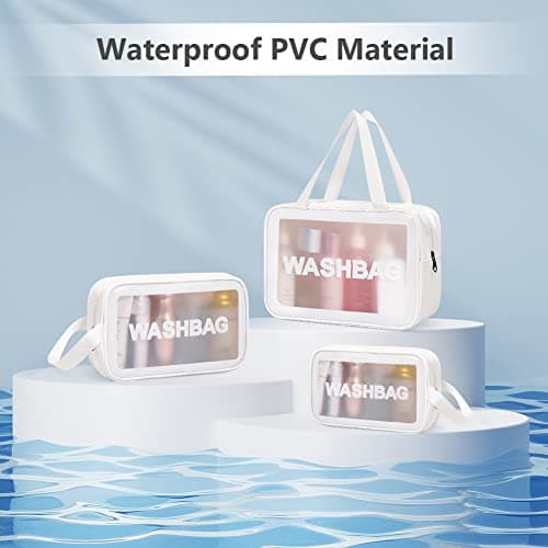 Aucuu 3PCS Clear Toiletry Bag, Wash Bag, Clear PU Makeup Bags, Waterproof Toiletry Travel Bags with Zipper Handle, Portable Airport Cosmetic B-ag for Travel Bathroom Men Women (White) — view 5