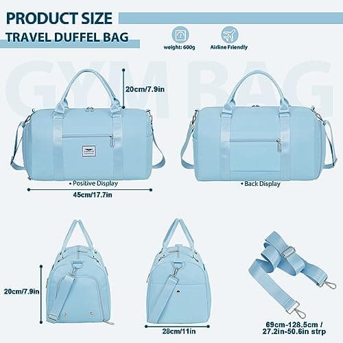 FIORETTO Womens Gym Sports Bag Travel Bag with Shoes Compartment & Wet Pocket, Weekend Overnight Duffle Hospital Bag Carry On Bag Holdall for Travel Swimming Light Blue — view 2