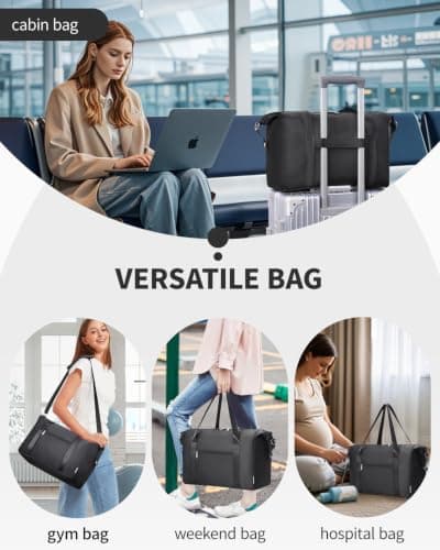 Narwey for Ryanair Cabin Bag 40x30x20 Underseat Foldable Travel Duffel Ryan Air Hospital Bag Carry on Hand Luggage Holdall Tote Weekend Overnight Bag for Women and Men 20L (Black) — view 6