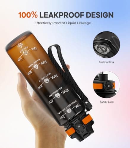 Gylinm 1L Water Bottle Made of BPA-Free Tritan Material, Sports Water Bottle with Removable Straw & Hydration Time Markerings, Ideal for Gym, Travel, Home, School and Outdoor Activities - Black-Orange — view 4