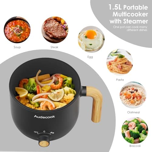 Audecook Electric Hot Pot with Steamer, 1.5L Portable Non-Stick Mini Multifunctional Cooker, Travel Electric Skillet with Dual Power Control for Ramen Noodles/Pasta/Egg/Soup/Oatmeal (Black) — view 2