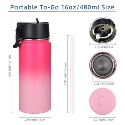 Volhoply 480ml Kids Water Bottle Bulk 2 Pack,Insulated Sports Bottles with Straw Lid,Stainless Steel Bottle with Handle Keep Cold & Hot,Double Wall Vacuum Flask for School(Assorted,Set of 2) — view 2