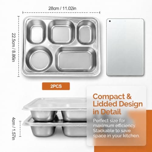 2 PCS Stainless Steel Snack Boxes with Lids, 1400ml 5 Compartment Bento Lunch Containers, 304 Stainless Steel Food Storage Boxes with Leak-proof Lid for Kids Adults, School, Work, Travel and Meal Prep — view 2
