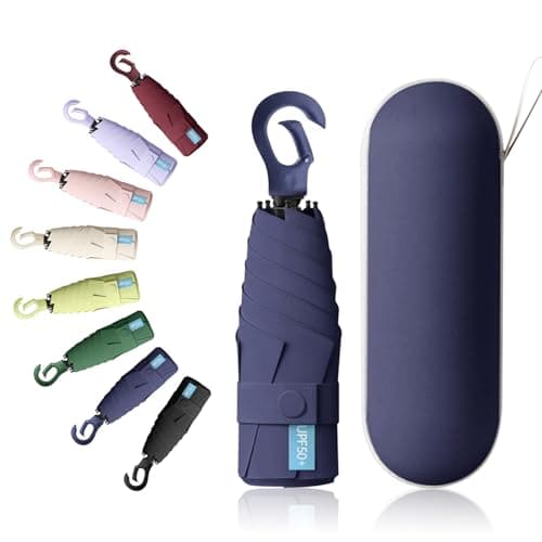 Detontek 6 Ribs Mini Travel Umbrella, Mini Folding Umbrella, Small Umbrella, Pocket Umbrella, Umbrella With Buckle Handle, Dual Purpose, With Storage Box (Navy Blue)
