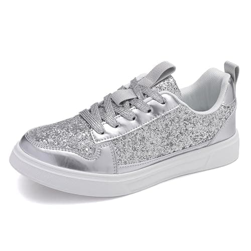 Momolaa New UK 6 Glitter Sparkly Fashion Sneakers Women Low Top Sequins Lace Up Tennis Shoes Comfort Bling Fashion Shiny Walking Shoes Wedding Bridal Shoe Gift Footwear Silver — view 4