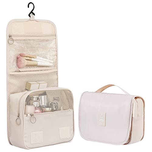 Travel Hanging Toiletry Wash Bag, Veyarien Folding Waterproof Makeup Cosmetic Bags Organizer for Women Ladies Girls (Beige) — view 2