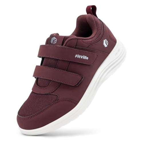 FitVille Women's Extra Wide Fit Shoes for Swollen Feet, Easy Close Adjustable Diabetic Shoes for Ladies, Non-Slip Lightweight Orthopedic Walking Trainers for Elderly, Burgundy red, 7.5 UK X-Wide