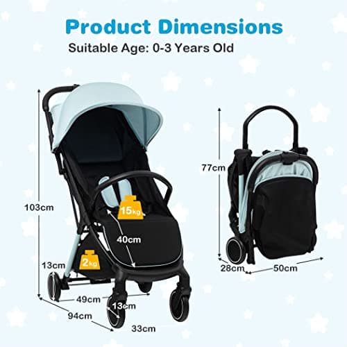 COSTWAY Baby Stroller, Protable Travel Buggy with Detachable Seat Cover, 5-Point Harness, Adjustable Canopy, Backrest and Footrest, One-Hand Fold Infant Pushchair for 0-3 Years (Blue) — view 6
