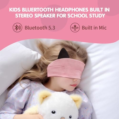 Joythink Kids Bluetooth Headband Headphones Sleep Mask Wireless Earphones Built in Thin Speaker Adjustable Sports Headset Sleep Headband for Girls Boys Toddler Children Baby Travel Study Pink — view 5