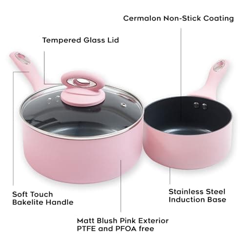 Cermalon Blush Pink 5-Piece Ceramic Cookware Set - Includes 2X Frying Pans and 3X Saucepans with Grey Sparkle Ceramic Non-Stick Coating - Compatible for All Types of Hobs - PTFE and PFOA Free — view 2