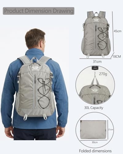 szyanlai Hiking Backpack for Men Women, 30L Ultra Lightweight Foldable Waterproof Rucksack,Back Pack Rucksack for Men Women Kids Camping Travel (Grey) — view 2