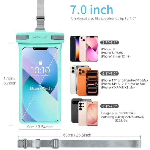 Wellhouse Waterproof Phone Pouch, Waterproof Phone Case for iPhone 15 14 13 12 Pro Max XS Samsung, IPX8 3D Cellphone Dry Bag Beach Essentials Crystal Mint-1 Pack 7.0" — view 5