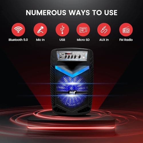 Pyle, Portable PA Speaker, Bluetooth- Loudspeakers, 600W Rechargeable w/ 10” Subwoofer 1” Tweeter, Pa System w/Wireless Microphone, Dj Speakers, w/Recording Function/Mic Input/Lights/USB/SD/Radio — view 3