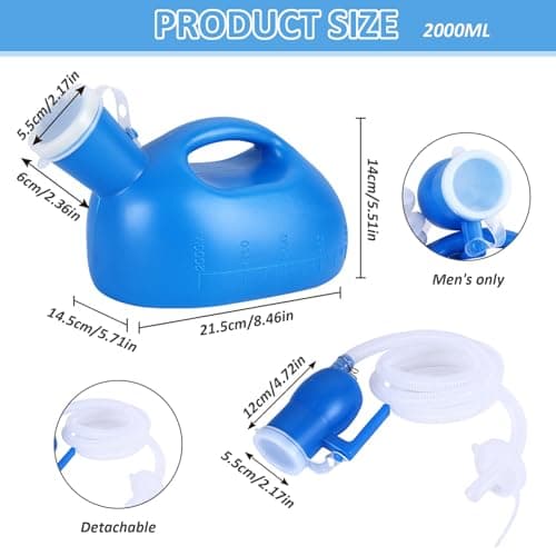 NIDONE Portable Urinal for Men, 2000ml/68oz Spill Proof Urine Bottle with Scale and Lid, Male Urinal with 63" Long Tube, Pee Bottles for Men Travel Hospital Car Truckers,Urine Bottle — view 6
