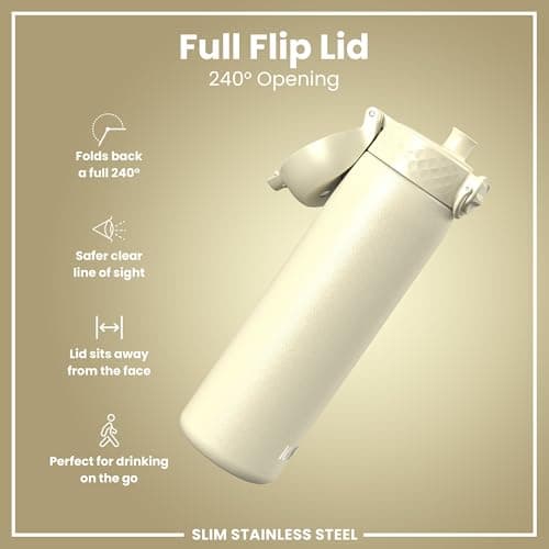 Ion8 Lightweight Steel Water Bottle, 600 ml/20 oz, Non-Insulated, Leak Proof, Easy to Open, Secure Lock, Dishwasher Safe, Flip Cover, Fits Cup Holders, Carry Handle, Metal Water Bottle, Creamy White — view 4
