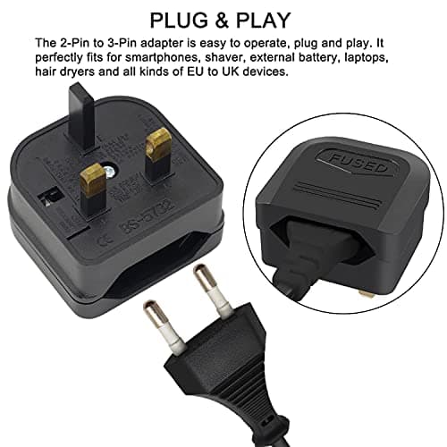 Casoter 2-Pin EU to 3-Pin UK Plug Adaptor, 5A Fuse European Type C E F to Britain Type G Plug Converter, Black Euro Plug Adaptor UK Socket Adapter, 3 Pack — view 3