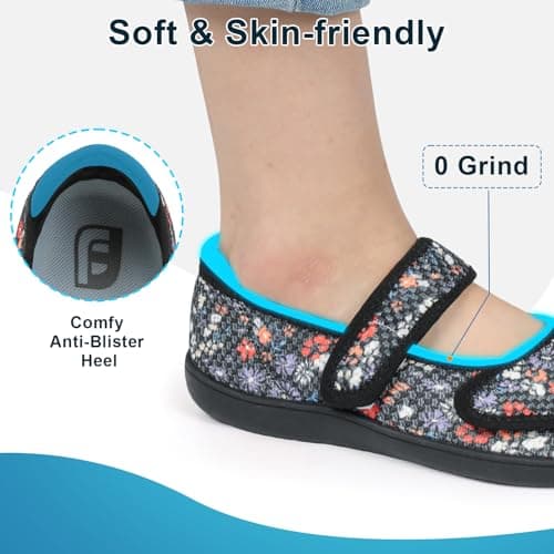 JOINFREE Womens Comfort Mary Jane Walking Shoes Wide Fit Black Flower — view 6