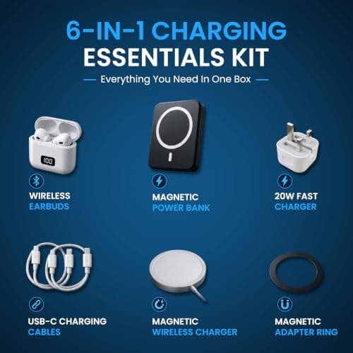 O’Bian 6-in-1 Phone Accessories Kit, 5000mAh Magnetic Power Bank, Wireless Bluetooth Earbuds, 20W Fast Charging UK Plug, USB-C Cable, Magnetic Charger, Travel Essentials for iPhone Samsung (Black) — view 2