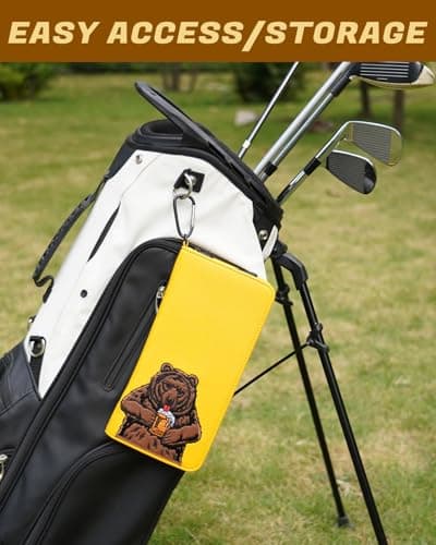 LZFAN Golf Glove Holder Case for Accessories Portable Golfer Gifts for Men & Women Caddy Organizer Case with Storage Slots for Cards, Tees & Ball Markers Embroidered Beer Bear, Yellow — view 4