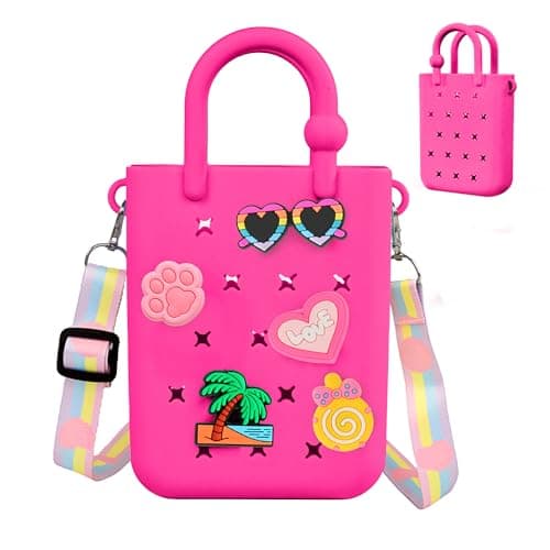 Oudizz Mini Rubber Tote Bag, Silicone Beach Tote for Little Girl & Woman, Cute Bag with 20 Charms & Adjustable Shoulder Strap (Hot Pink)